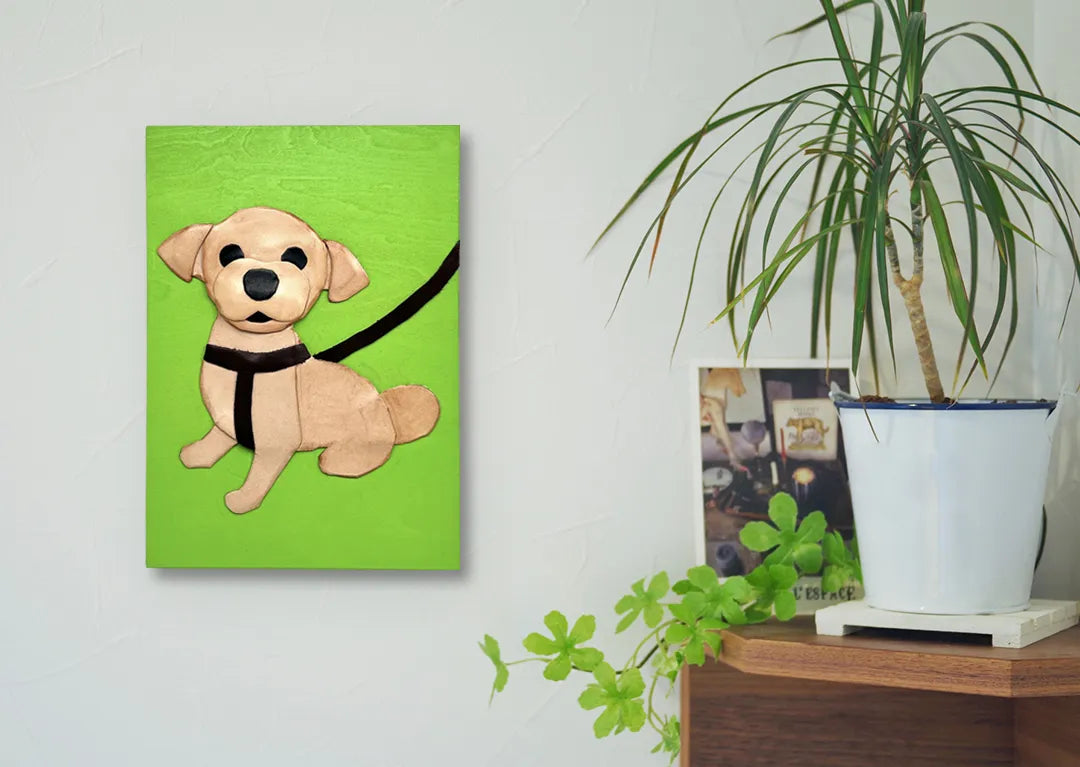 レザーのコラージュアート(SMALL DOG) 革 A5サイズ 木製パネル 一点物